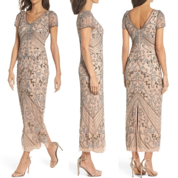 NWT PISARRO NIGHTS Beaded Rose Nude Mesh Longline Dress Red Carpet Evening Gown - Picture 2 of 13